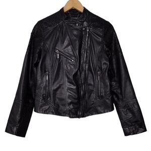 Bernardo Women's Silver Black Leather Moto Biker Boho Full Zipper Jacket Sz S